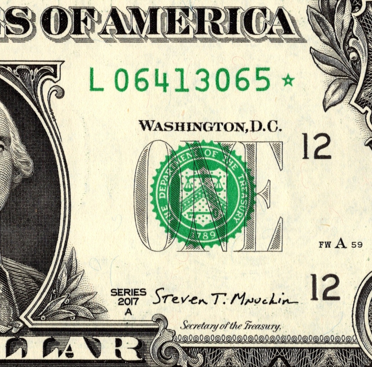 Star note One Dollar Bill L06413065* 500k sheet Run 3 of 3 FW