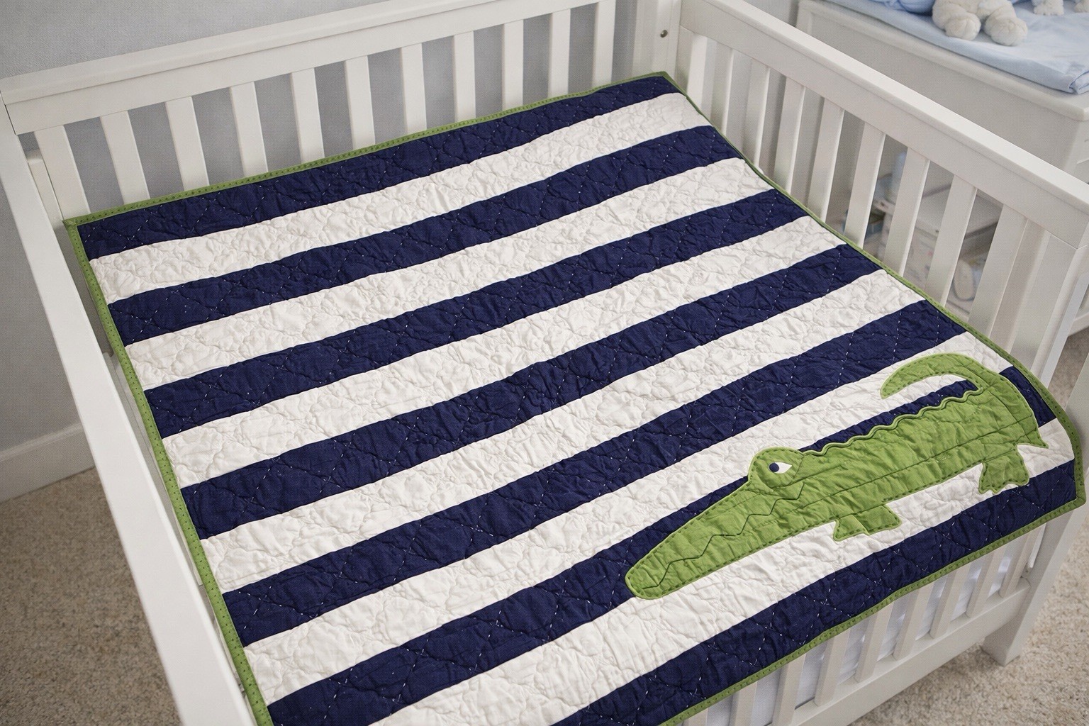 Pottery Barn Kids Alligator Toddler Quilt Navy Green Striped Cotton Crib