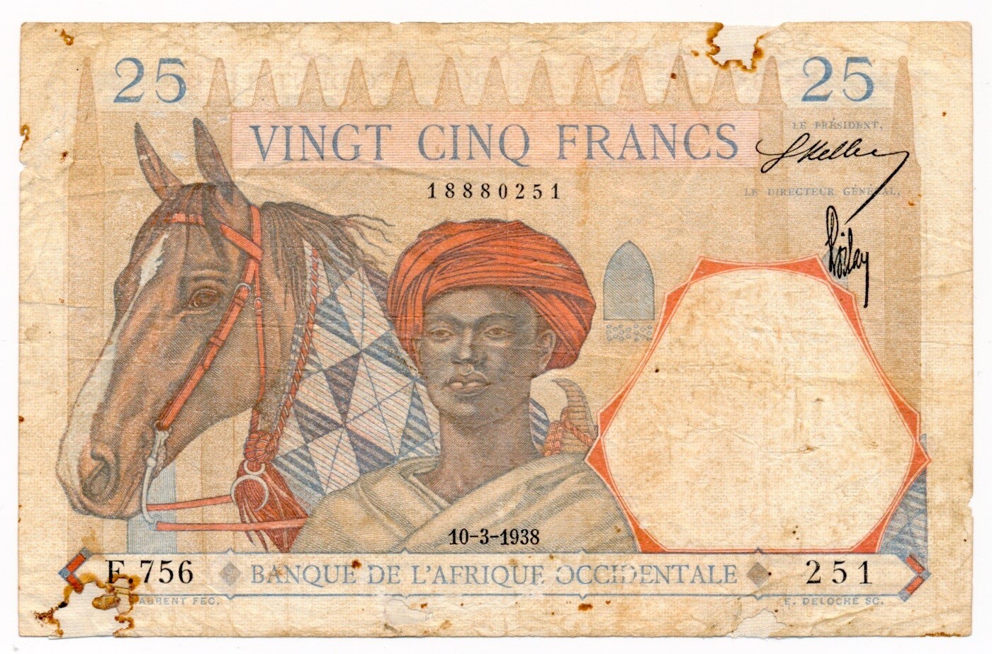 FRENCH WEST AFRICA banknote 25 Francs 10.3.1938 VF