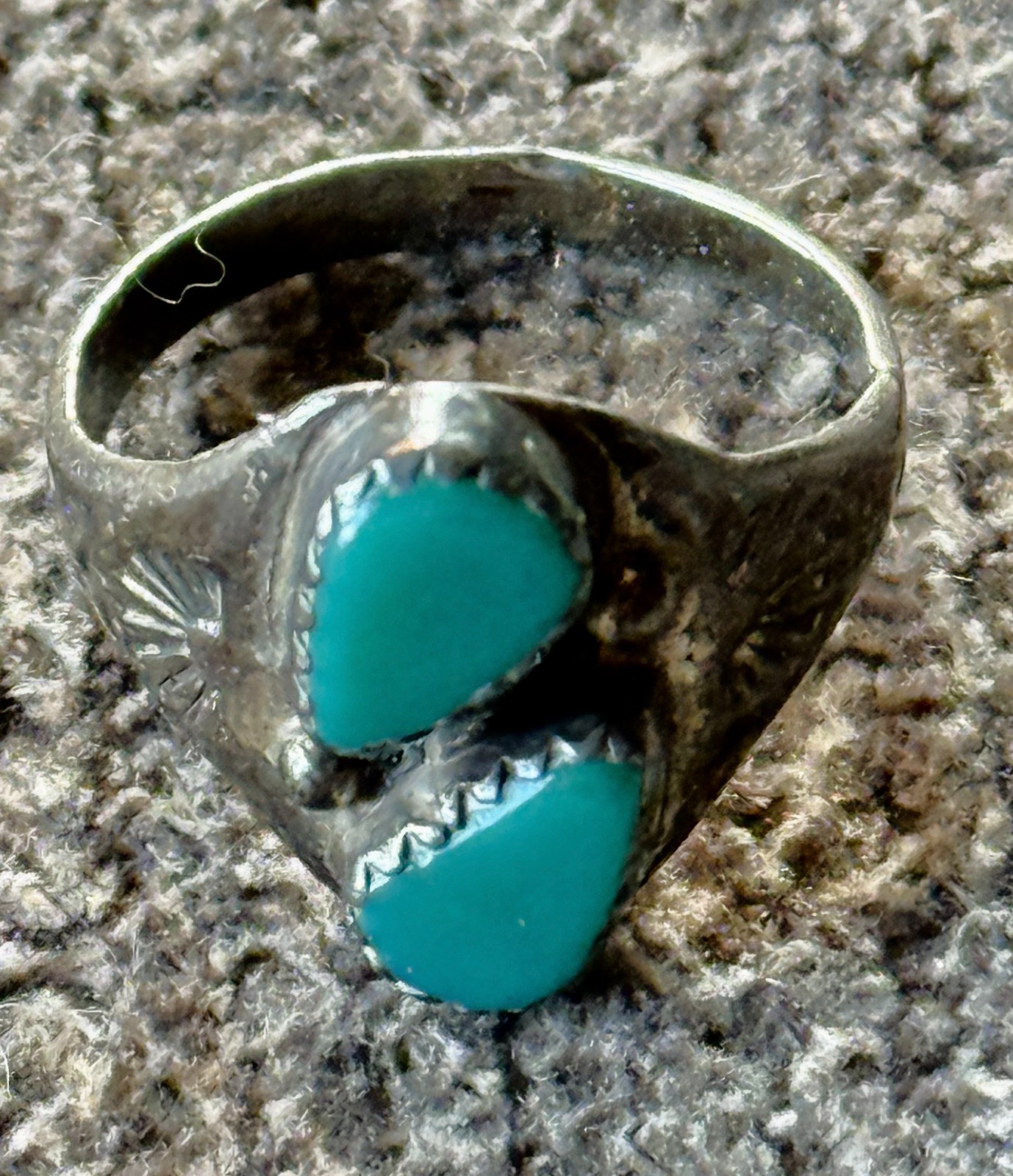 Ring, Vintage Double Turquoise Stone, silver setting, Size 8 Native Design