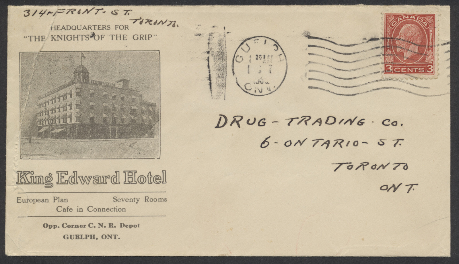 1933 King Edward Hotel Advertising Cover Guelph ONT Repaired Tear