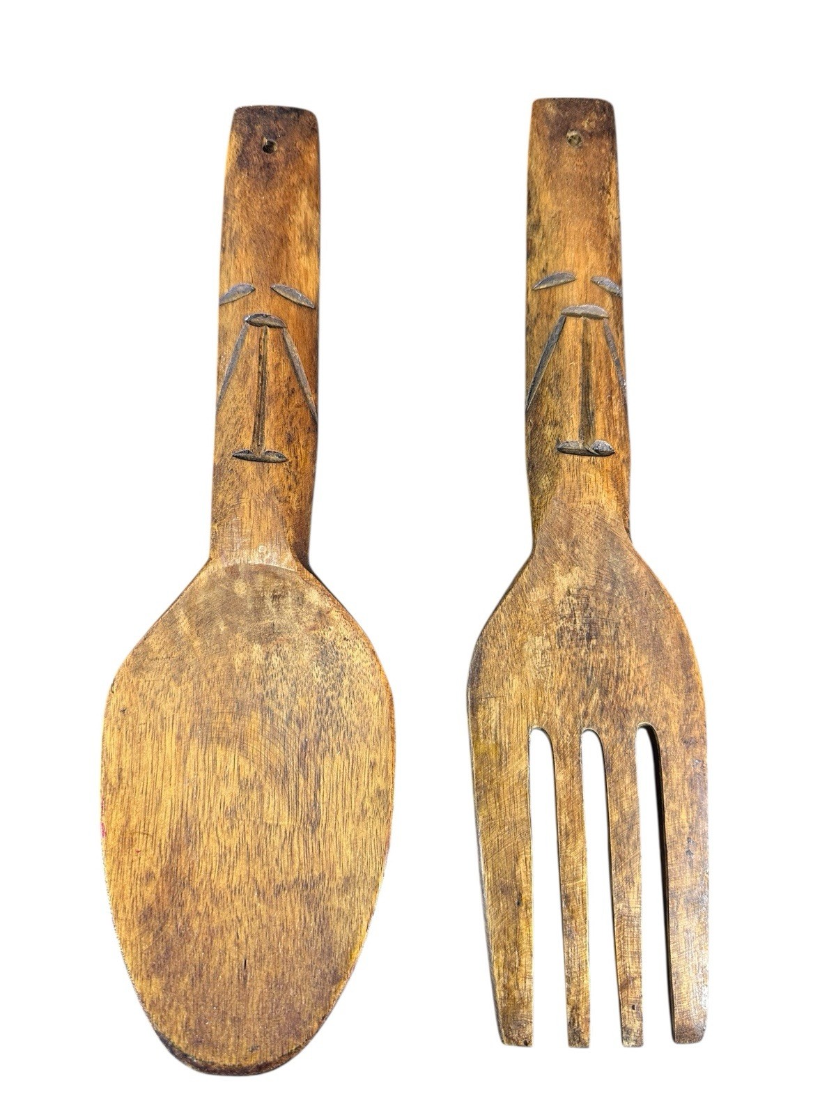 Vintage Mid Century Wooden Fork & Spoon Wall Decor Set | Hand Carved Tribal Art