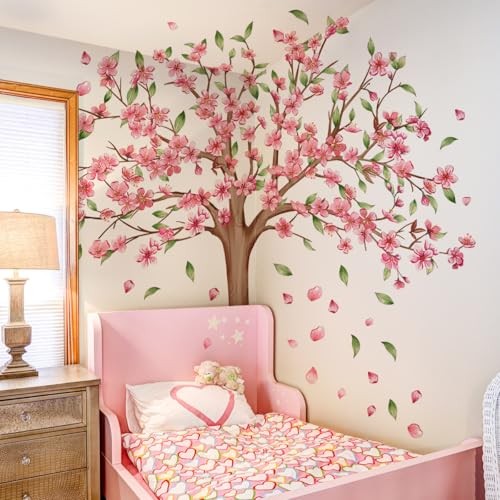 Cherry Blossom Tree Wall Decal, Large Pink Blossom Branch with Falling Petals, 
