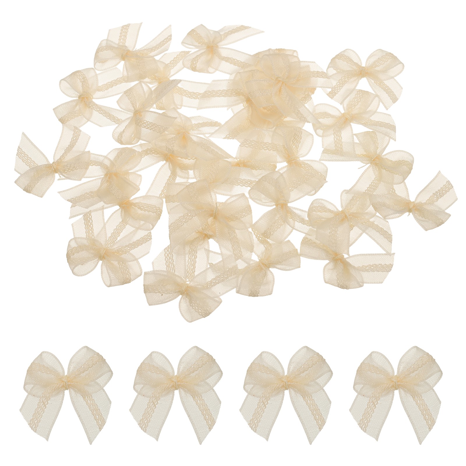 50Pcs Mesh Chiffon Ribbon Bows, 1" Mini Crafts Bows Gift Wrap Bow (Beige)