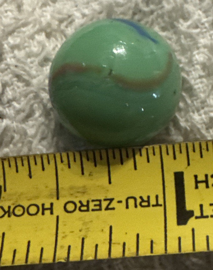 5/8” Peltier Glass Co Rainbo Marble vtg stripes, green jadite color