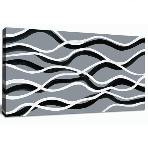  Black and White Abstract Wall Art for Living Room Wave Line 20L" x 40W" grey