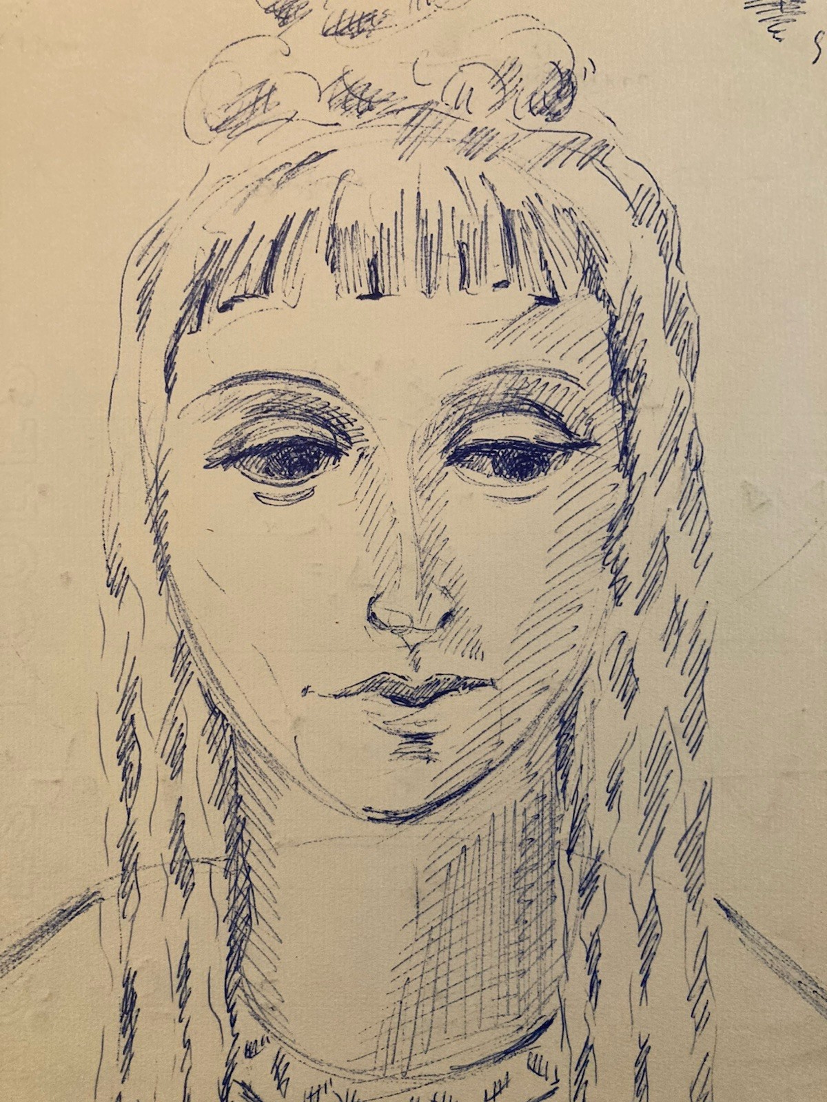 Drawing Ink Paper Young Girl Woman Portrait Bust Antique 1956 To Identify