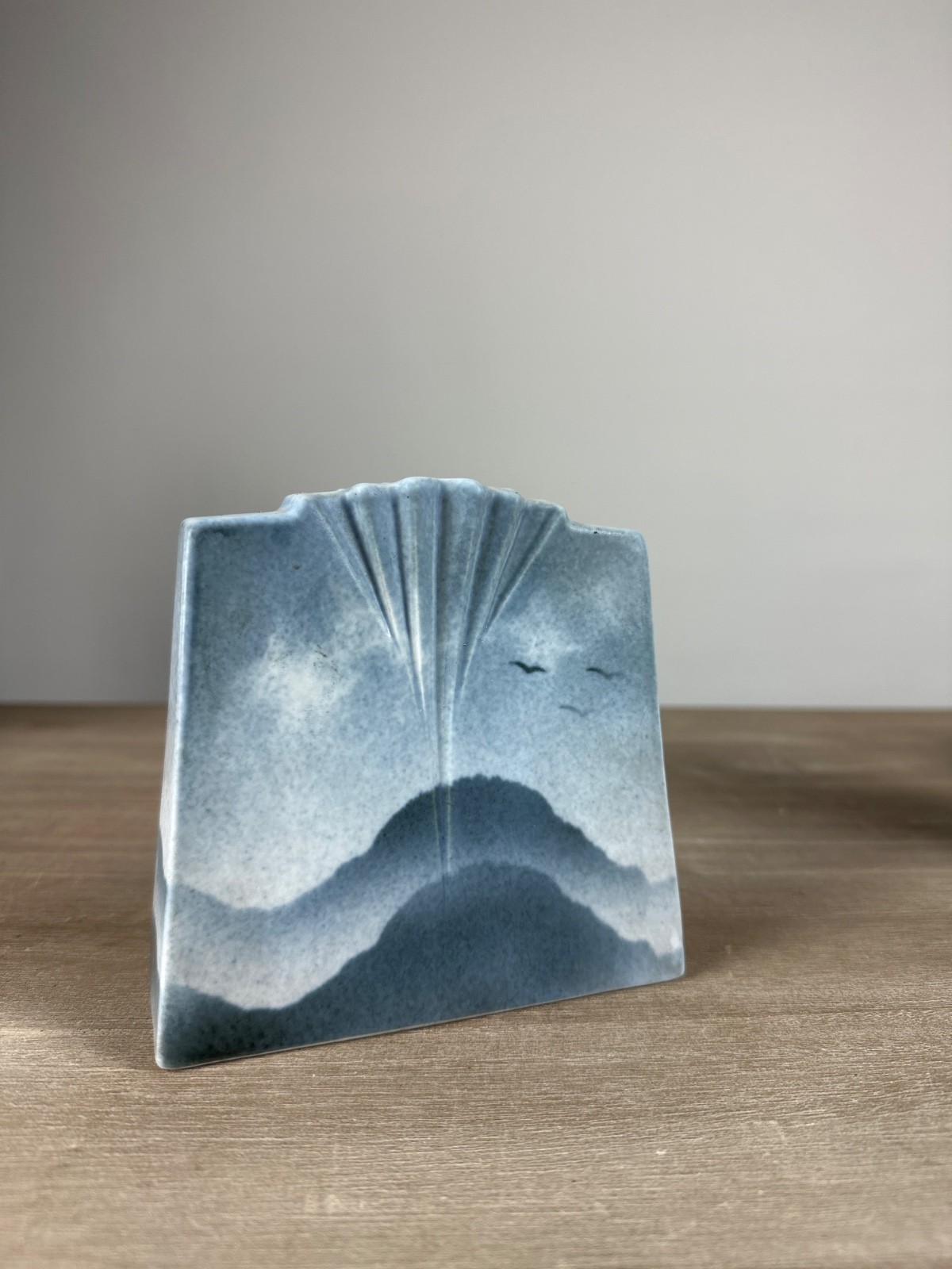 Modern Vase Porcelain Virebent Blue Japonisme Landscape Fan Design Vintage