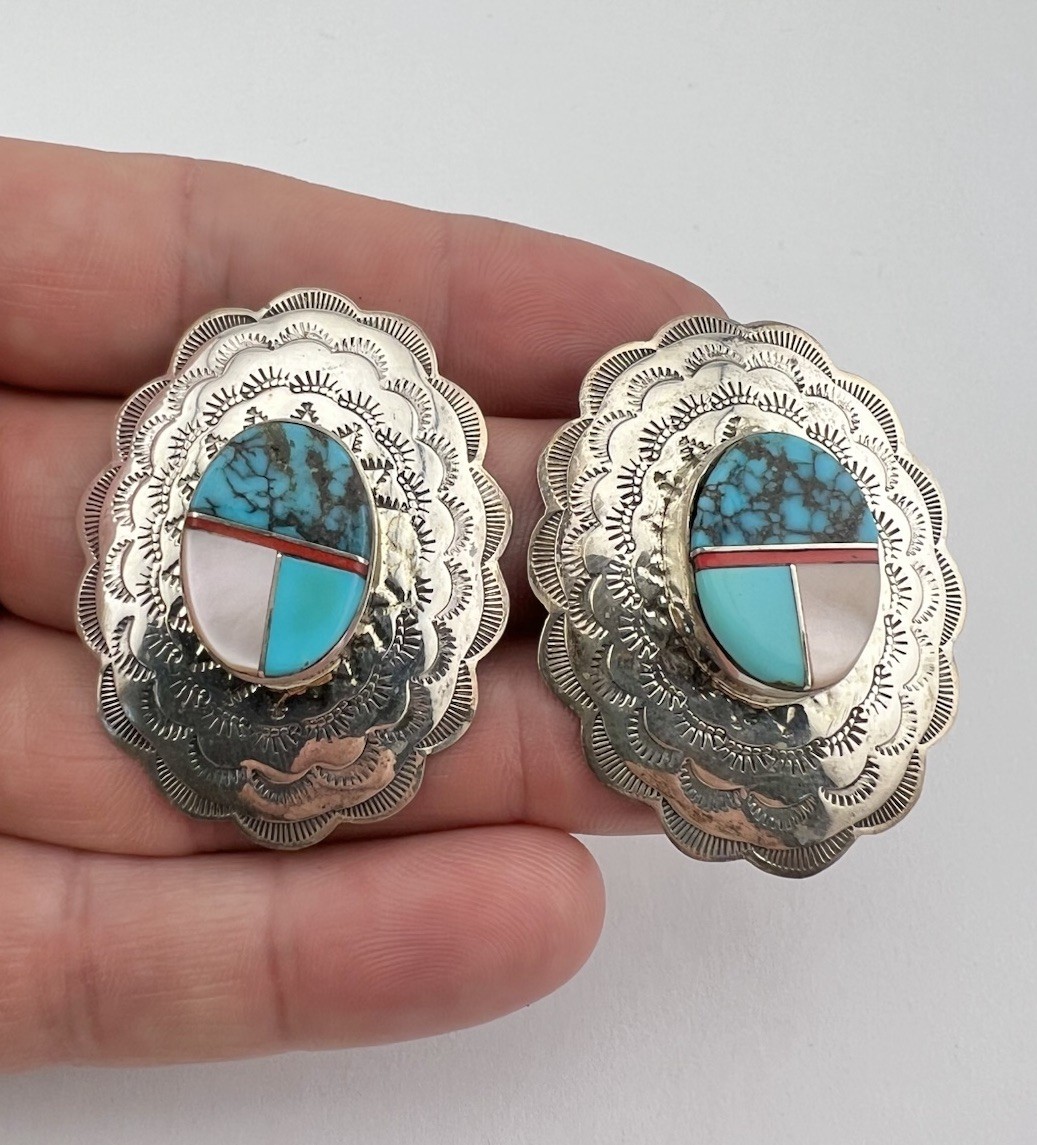 BIG Vtg Navajo Sterling Silver Multi Gemstone Stamped Concho Post Earrings 1.75"