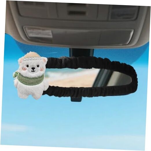 Cartoon Bear Car Rearview Mirror Cover, Cozy Elastic Plush Automotive Green