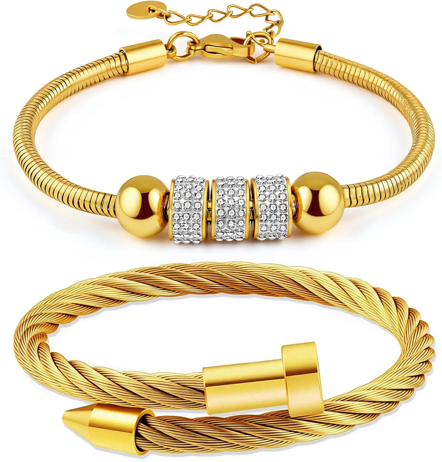 2PCS 18K Gold Plated Nail Bangle & Chain Bracelet Set for Women, Adjustable Stac