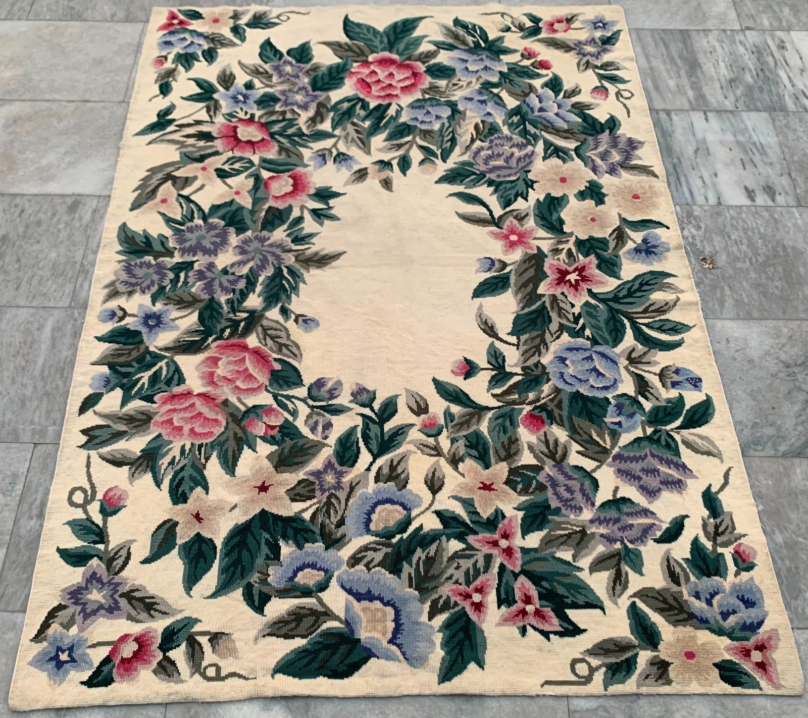 Vintage Aubusson Rug: French Style Chain Stitch, Needlepoint Carpet 4x6 ft