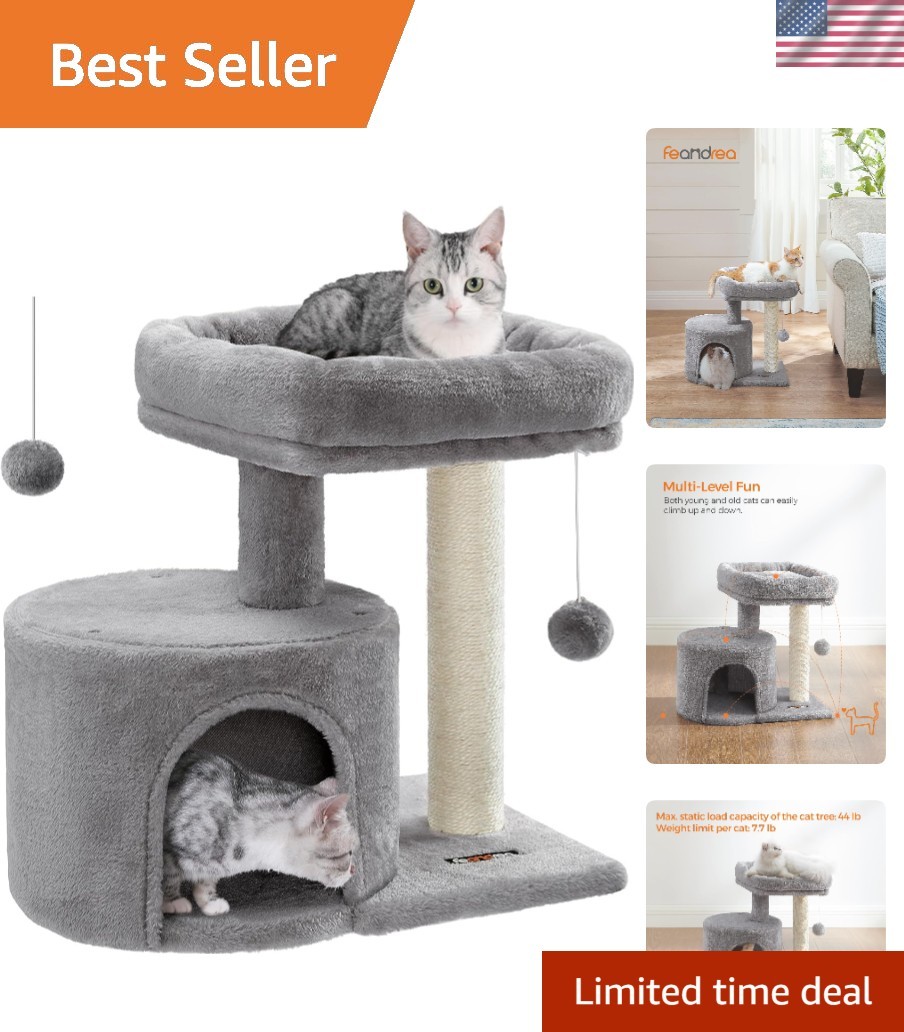 Elegant Light Gray Cat Tree Condo Tower with Sisal Scratching Post for Kittens