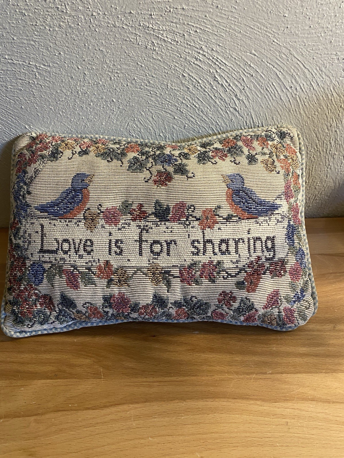 Vintage Tapestry Throw Pillow Floral Border And Birds “Love Is For Sharing”