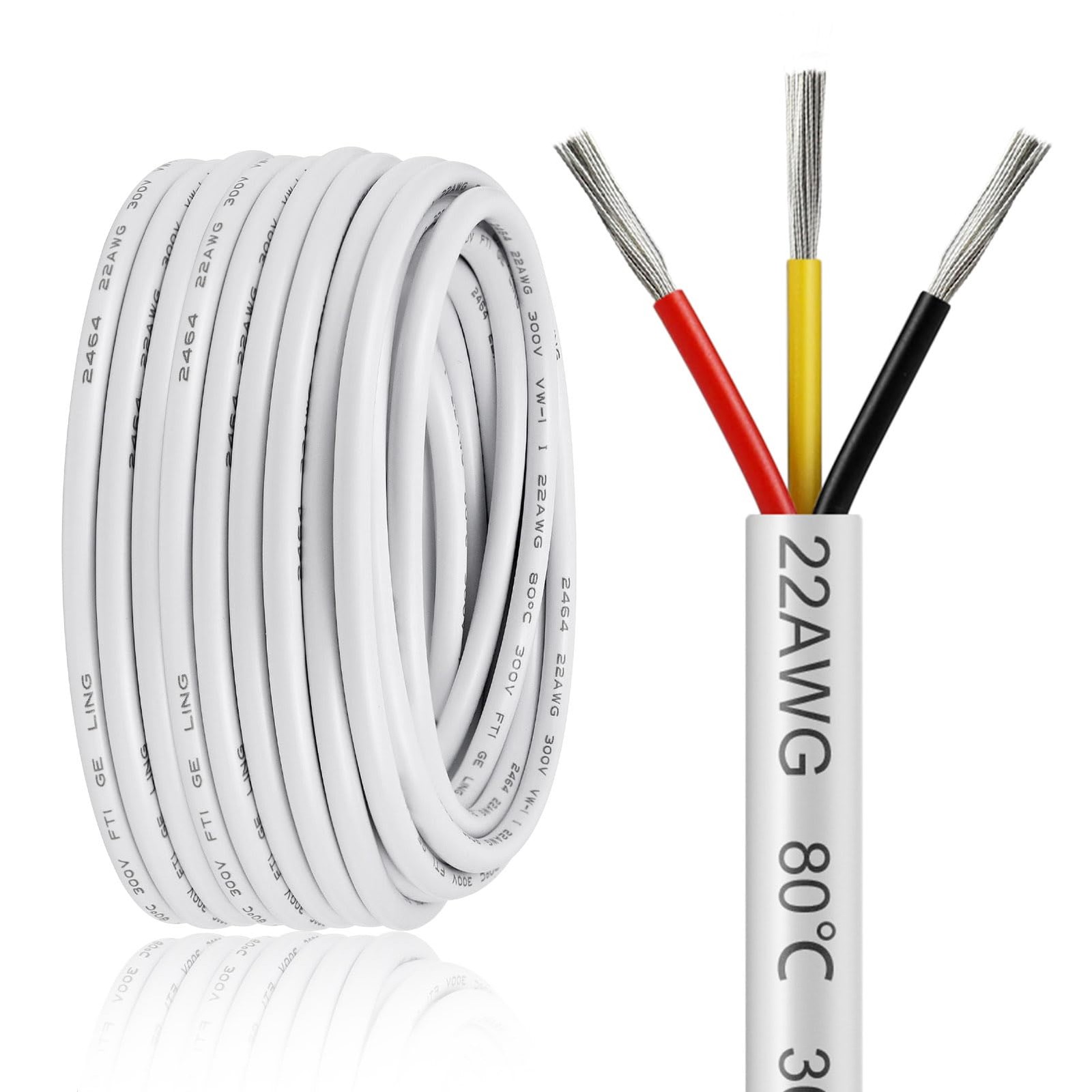 100FT 22 AWG 3 Conductor Electrical Wire, Oxygen-Free Stranded, 300V Max