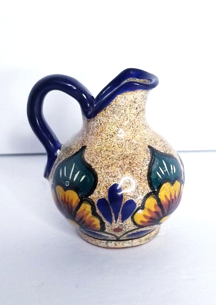 Hand Painted Brown Speckled Pottery Pitcher Floral Design Bud Vase 3.5" Jug