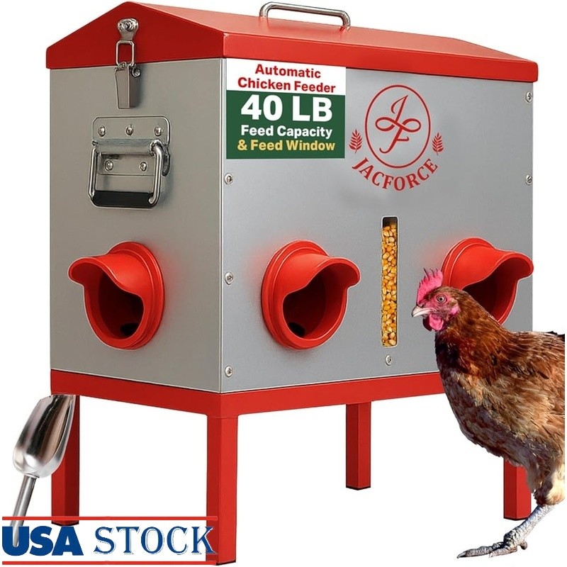 Automatic Chicken Feeder Metal 40lb Capacity Rust Resistant 6 Port System New