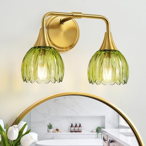 Bathroom Vanity Light Fixtures: 2-Lights Vintage 2 Light with Green Glass Gold