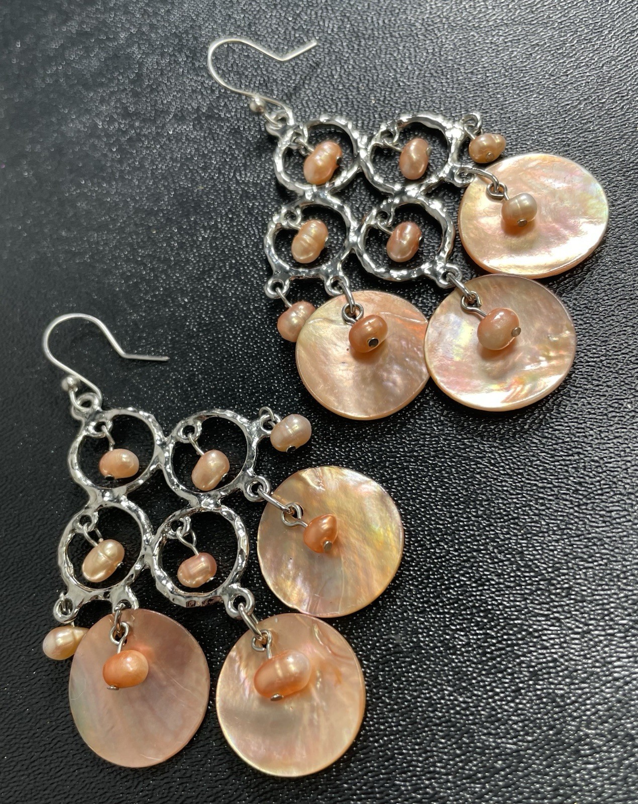 Vintage 3” Orange Cultured Pearl Mother Of Pearl Silver Tone Dangle Earrings
