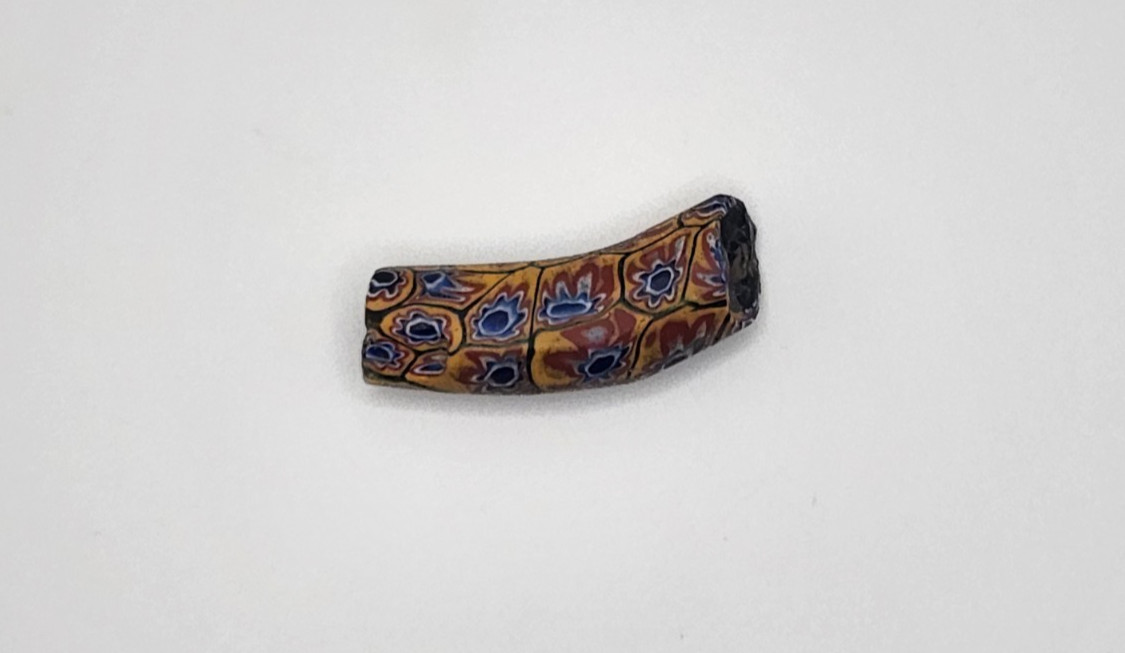 African Trade Bead Slight Elbow Millefiori Blue White Yellow 