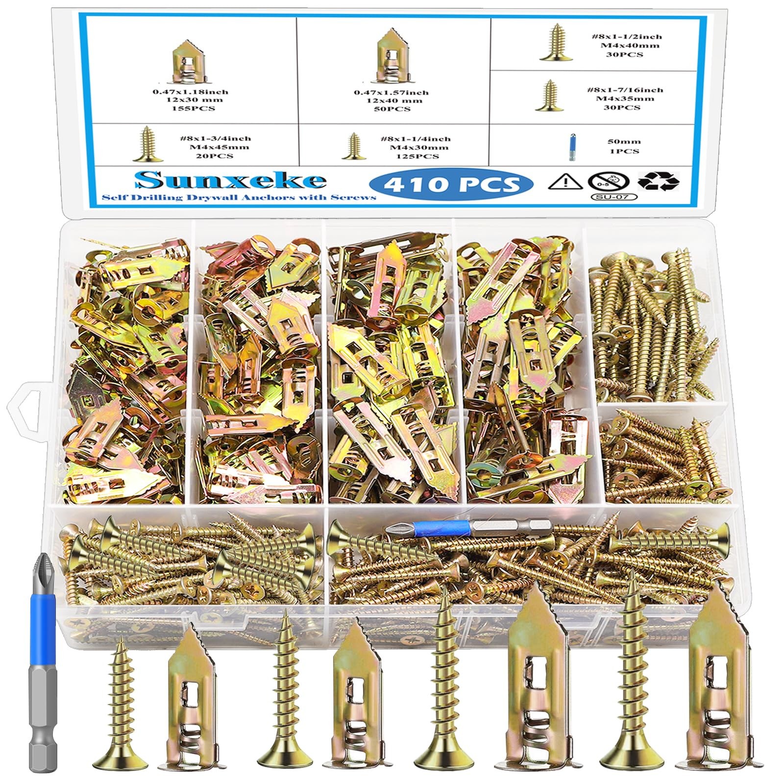 Sunxeke 410PCS Self Drilling Drywall Anchors with Screws Heavy Duty Wall Kit