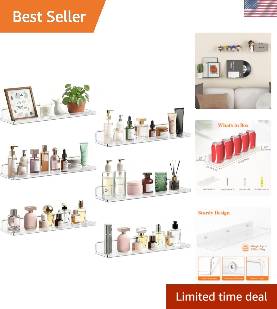 Floating Shelves for Bathroom 15", Over-the-Toilet Storage Rack, Acrylic Wall...