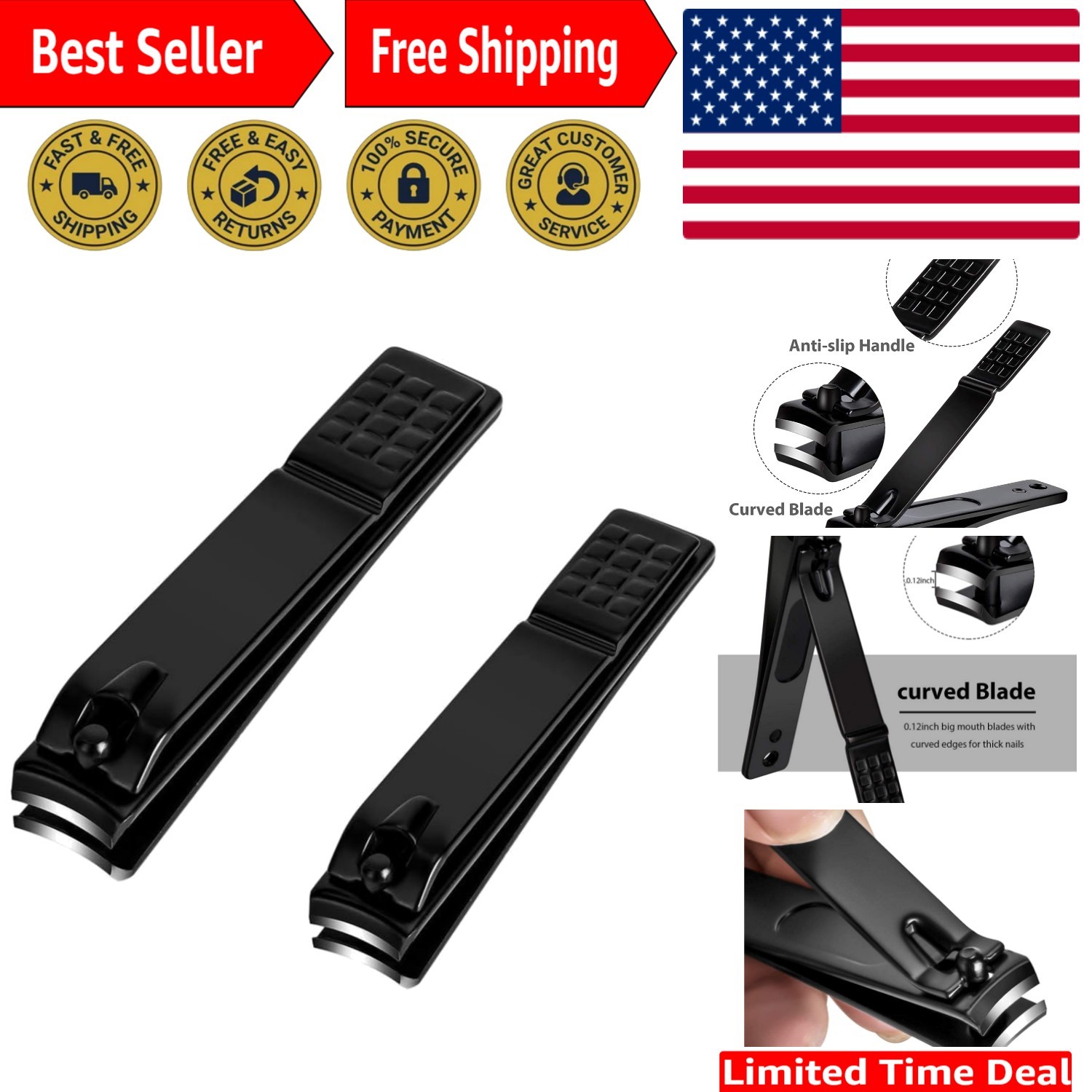 Modern Black Nail Clippers with Curved Blade - 2 Sizes for Effortless Trimming