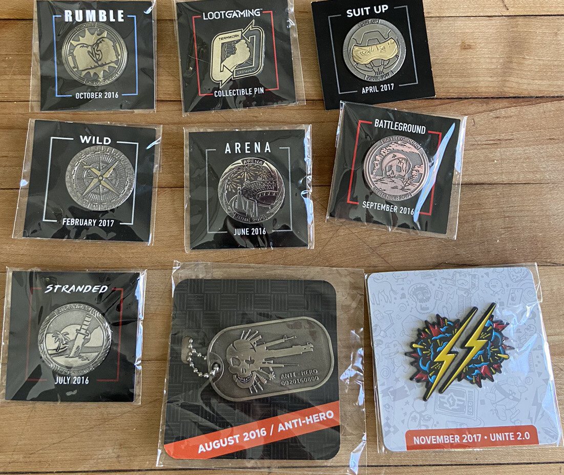 loot gaming crate collectible pin lot 2016-17 Suit Up Rumble Arena Anti Hero Etc