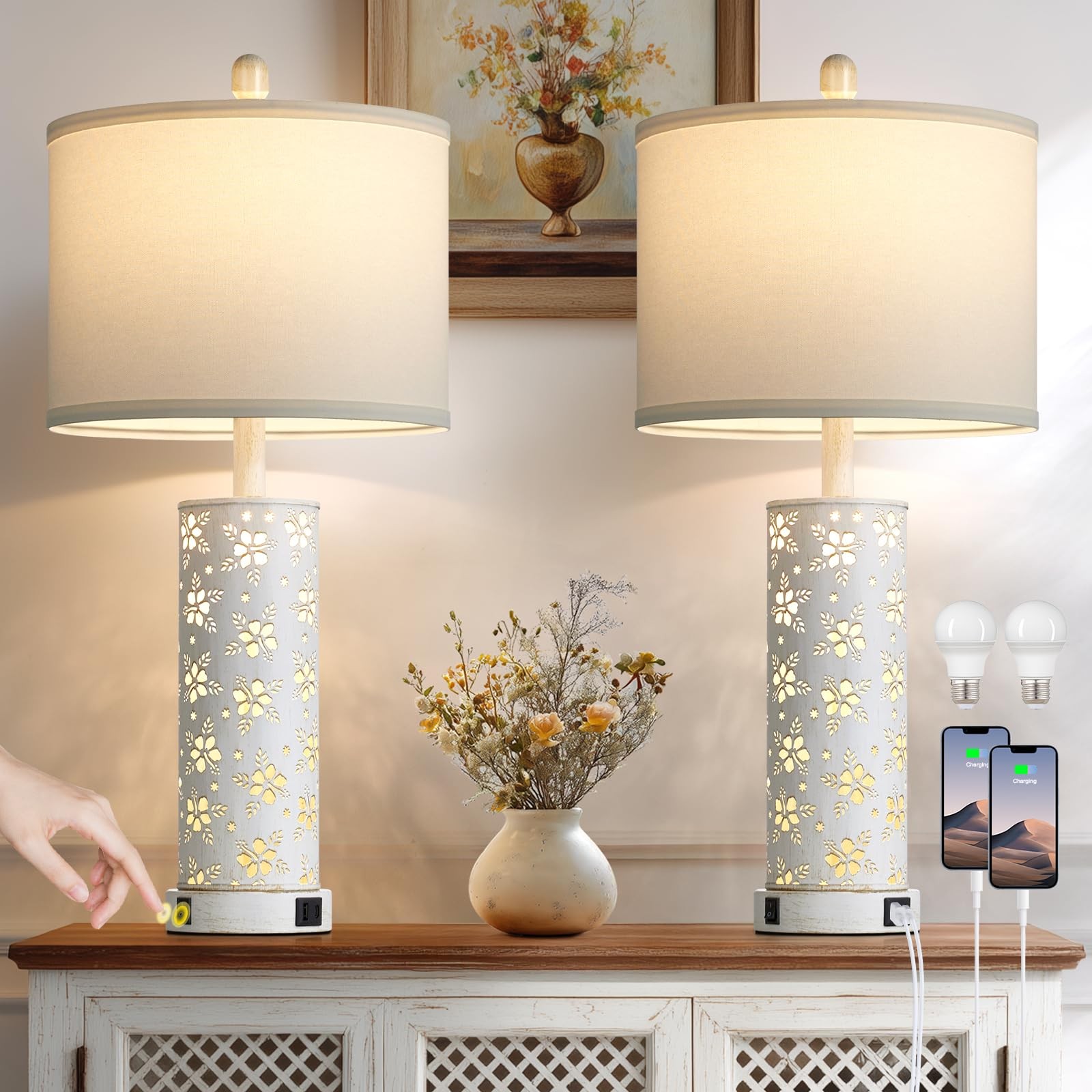 Cinkeda Set of 2 Rustic Table Lamps for Living Room Bedroom, Vintage Farmhous...