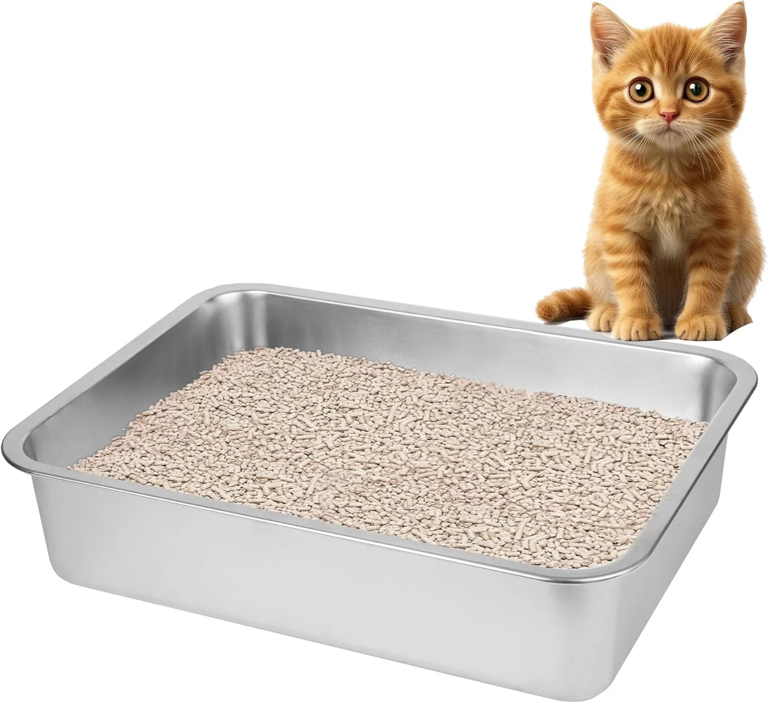 2 Pack Stainless Steel Cat Litter Box(17.5 L X 13.6 W X 4.1 H) for Big Cats