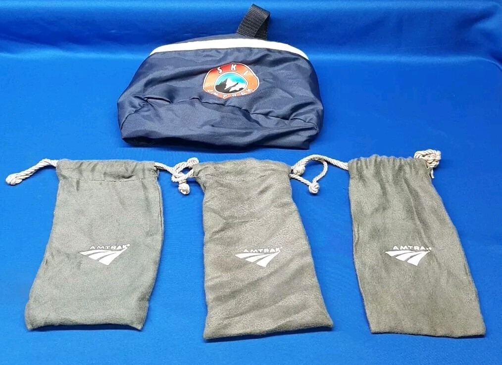 LOT OF VINTAGE - SKI AMTRAK FANNY PACK & FELT DRAW STRING STORAGE BAGS Railroad