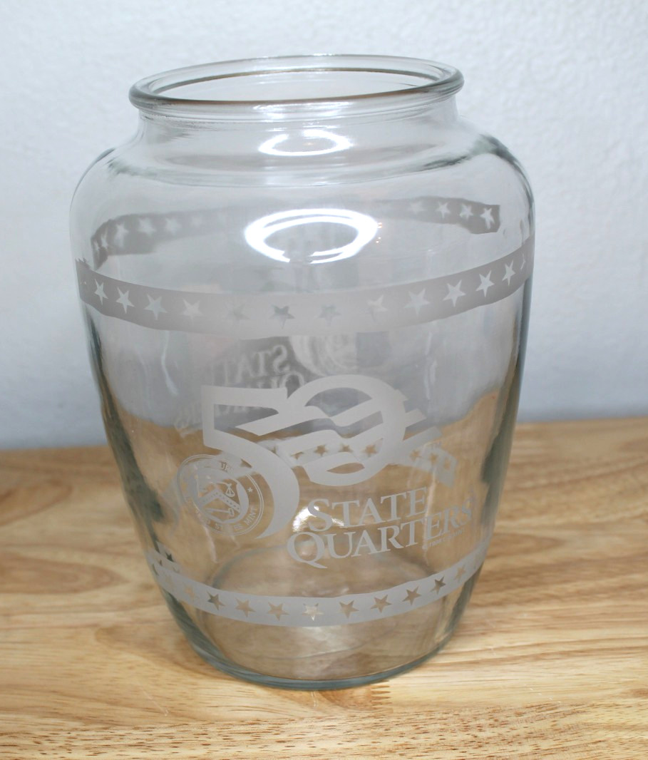 H.E. Harris 1998 Etched Glass Coin Jar – Vintage Coin Bank – Clear Glass - 7.75"
