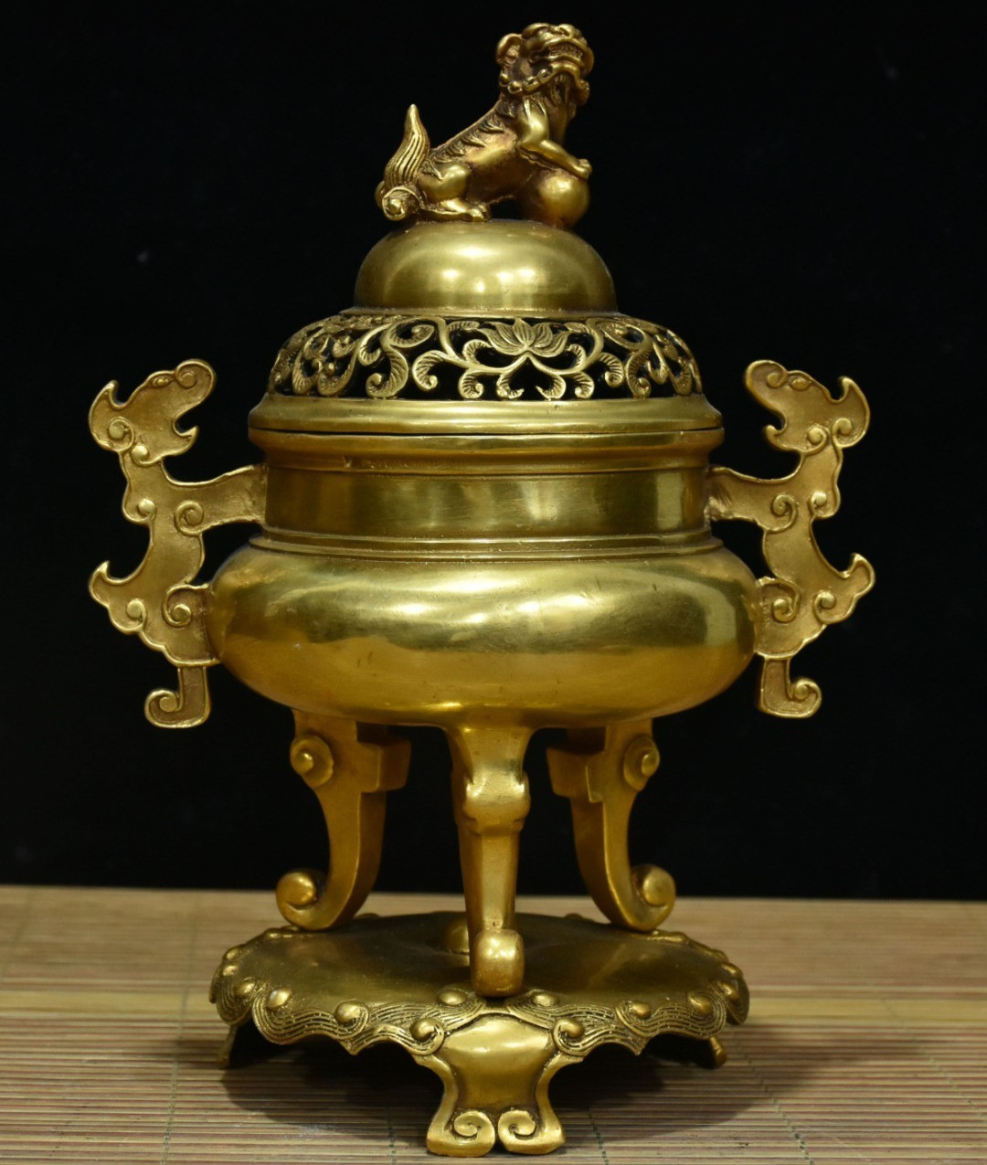 11" Old Chinese Gilt Bronze Incense Burner | Foo Dog Lid & Dragon Handles