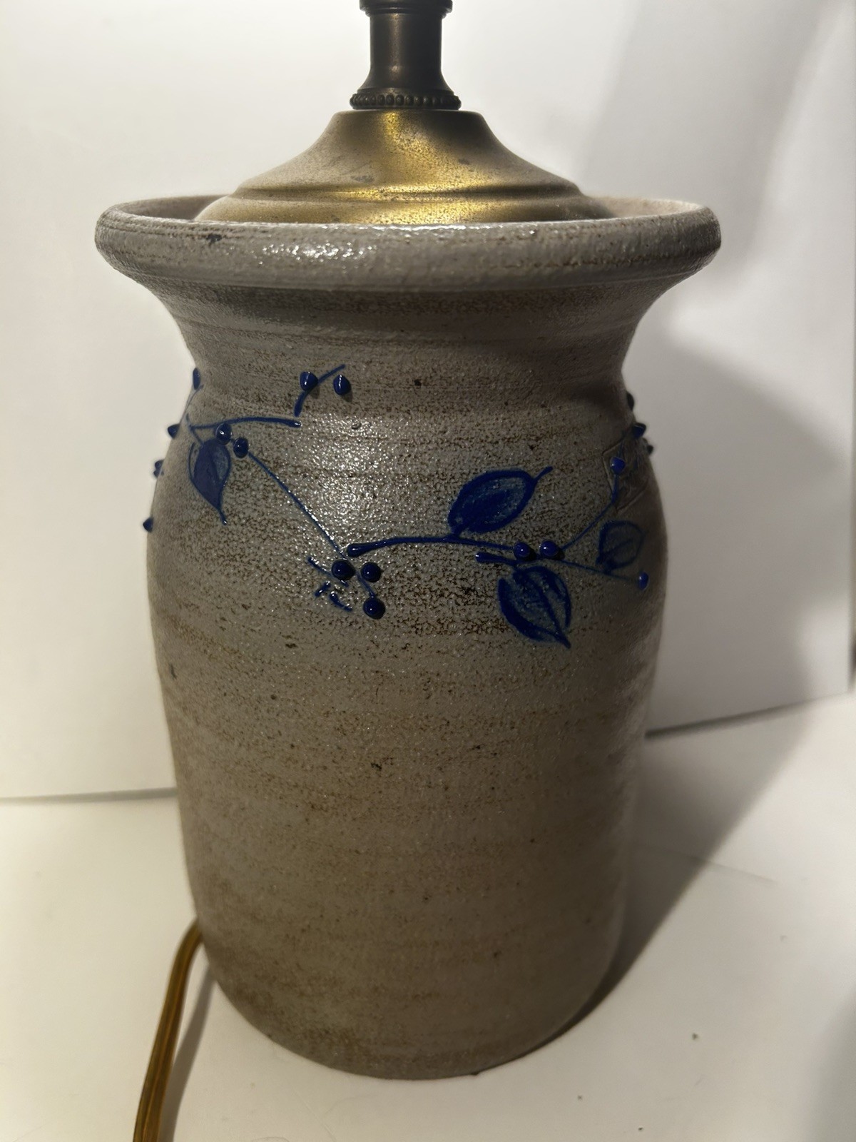 Vintage Stoneware Crock Pottery Salt Glazed Hand painted Blue Leaf Design Lamp