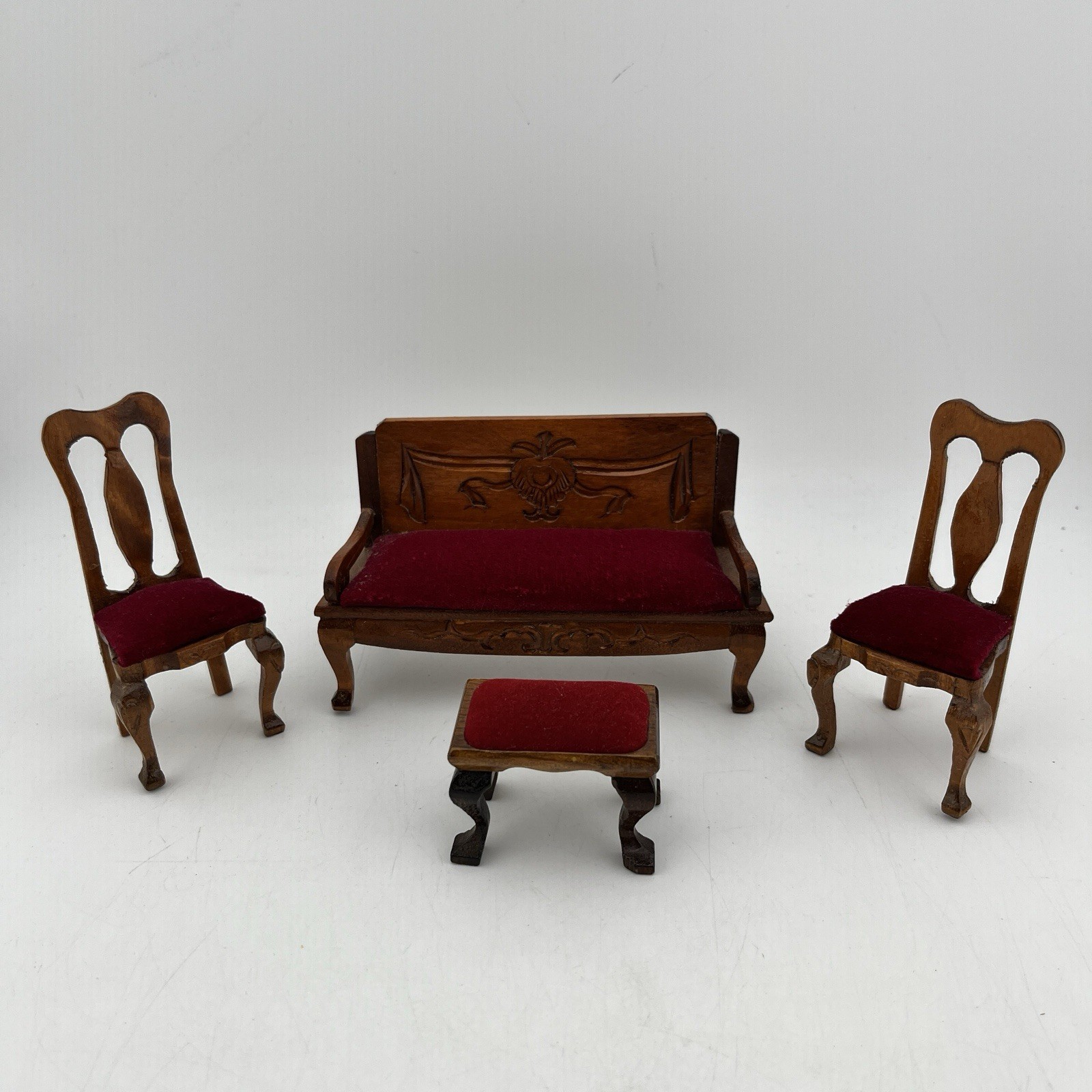 Vintage 4 Piece Dollhouse Miniature Red Velvet Living Room Set