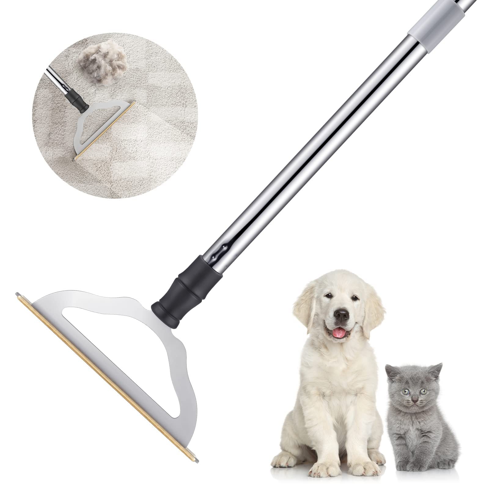 47“ Adjustable Long Handle Carpet Rake Pet Hair Remover, Reusable Large Metal...