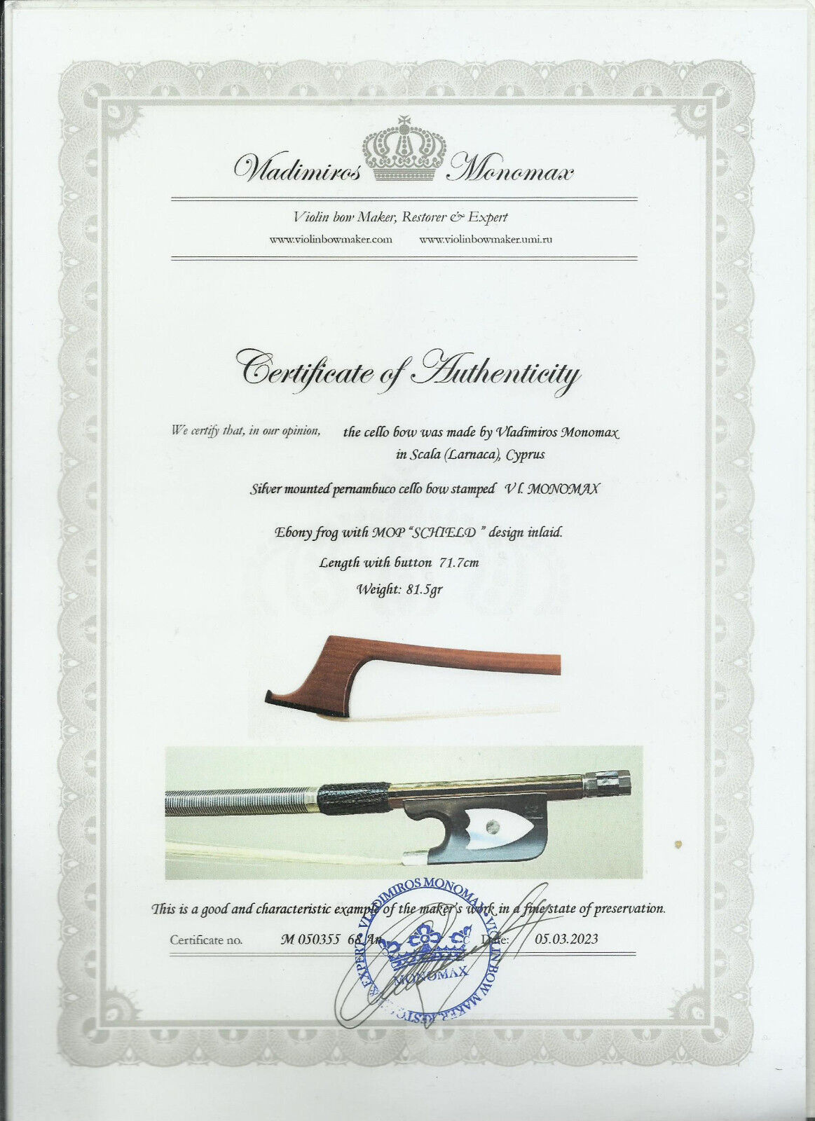 Certificate ONLY for Silver mounted Cello bow  "68th Anniversary"