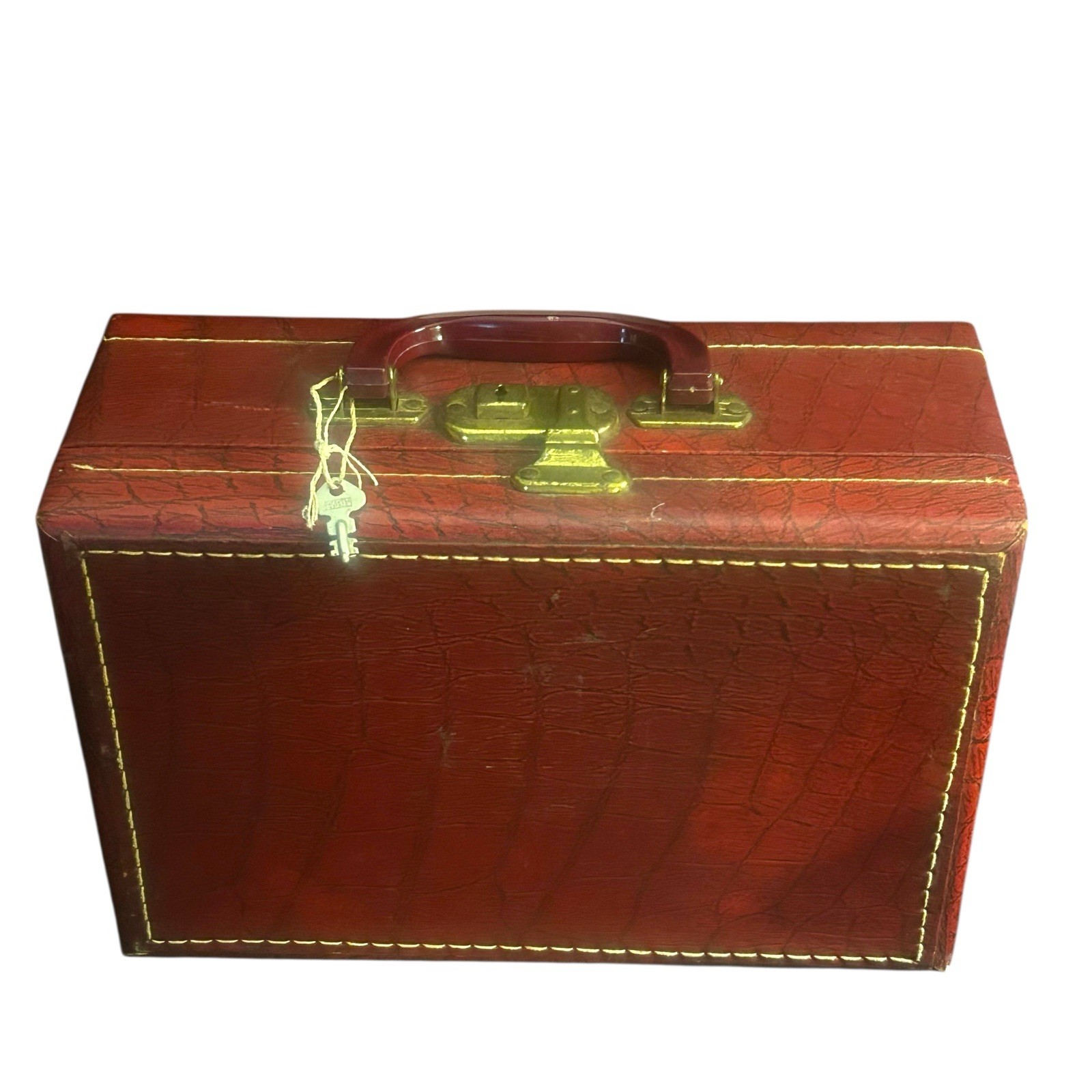 VTG Faux Alligator Train Case Makeup Vanity Box  Mirror & Key 12x9x5