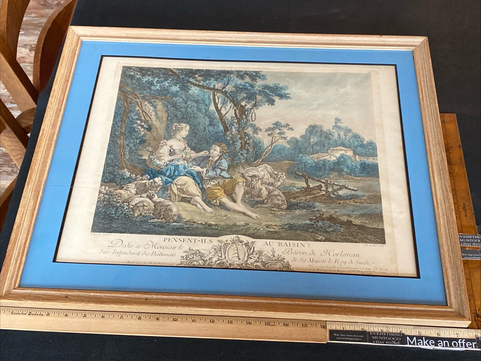 ANTIQUE ROCOCO FRENCH TINTED ENGRAVING LE BAS & F BOUCHER PENSENT-ILS AU RAISIN?