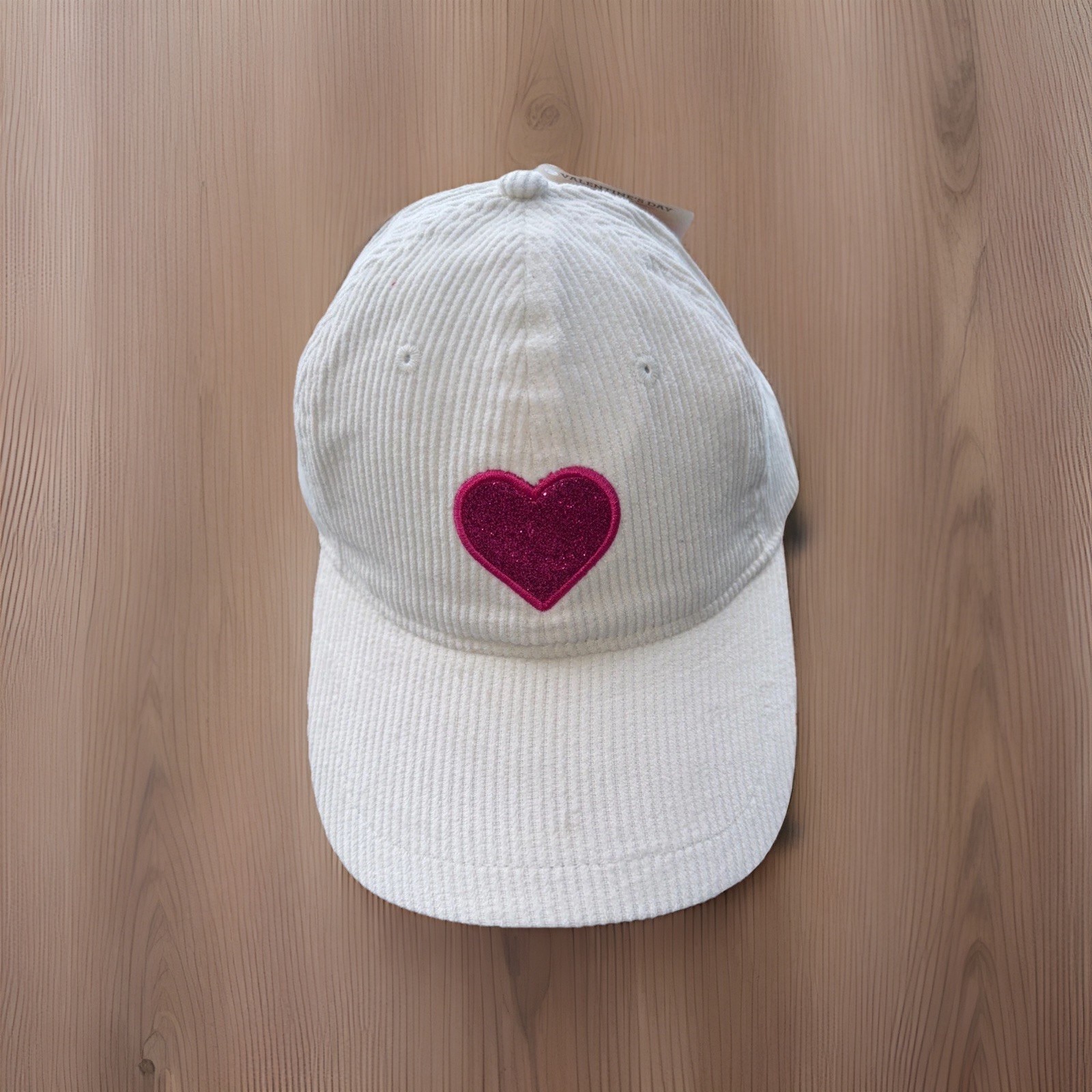 Sparkle Pink Heart on White Corduroy Hat Cap Hook Loop Valentines Day Hat