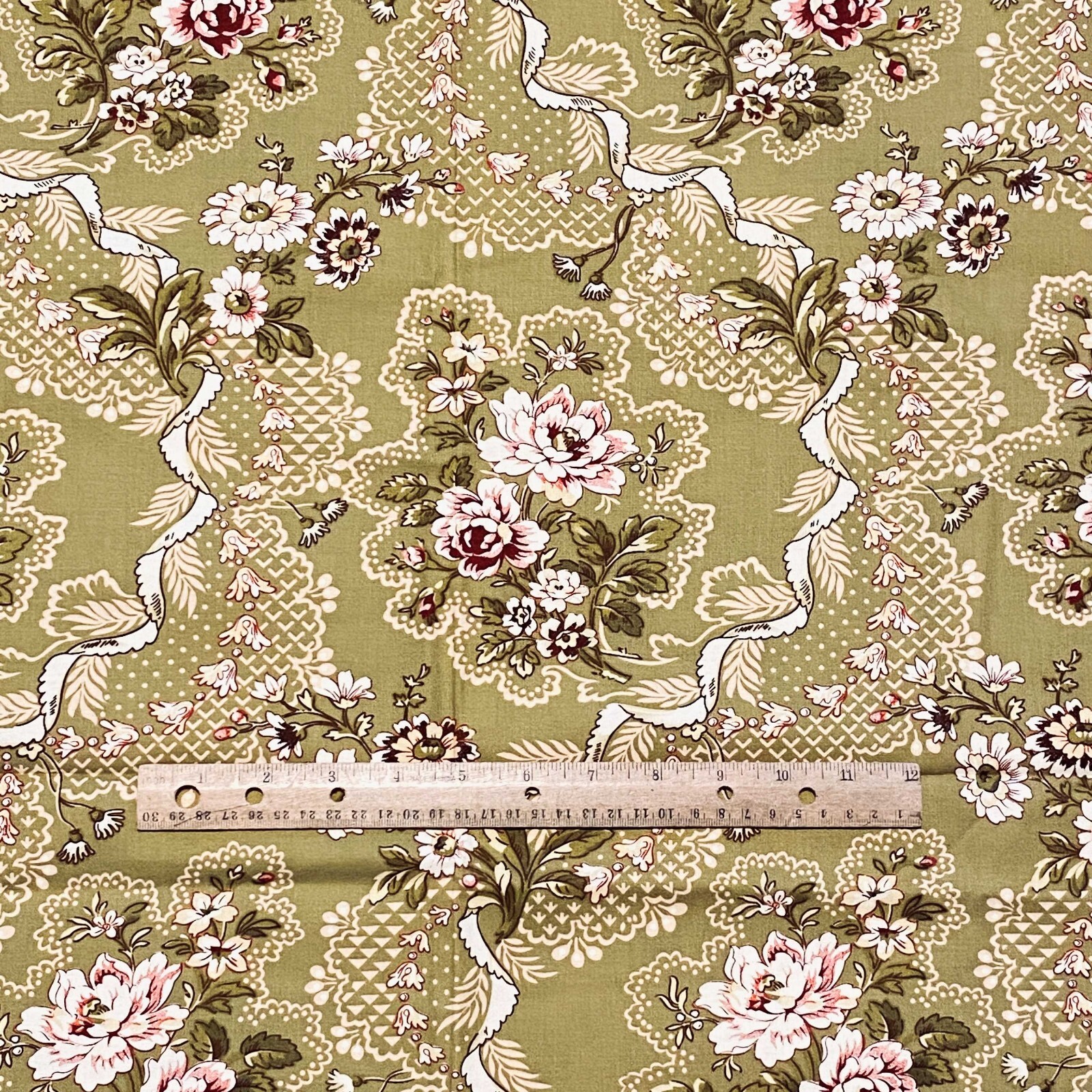BTY Olive Green Rose Floral Fabric Touch of Paris Cotton