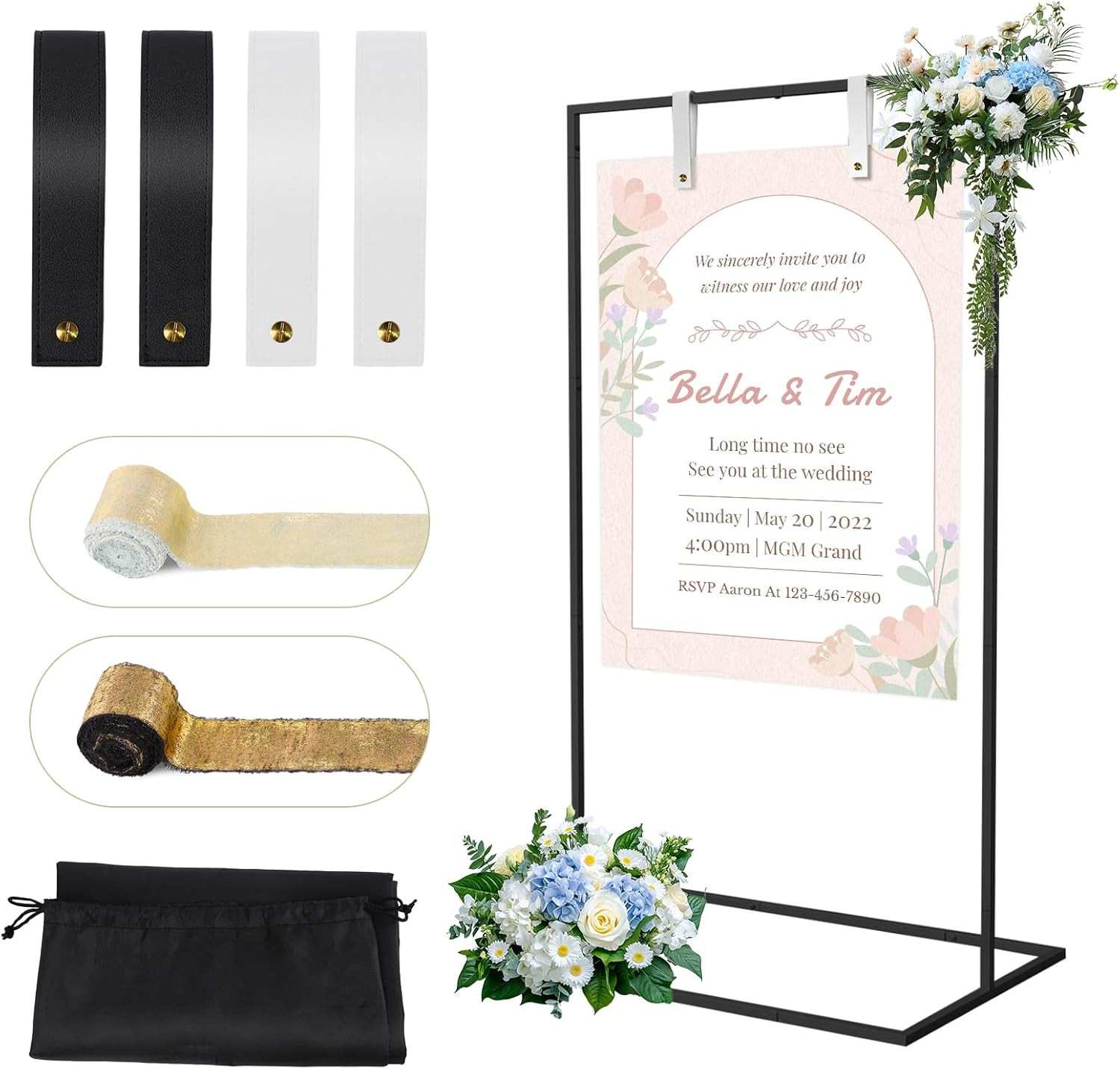 Heavy Duty Wedding Welcome Sign Stand with Leather Strap, Black
