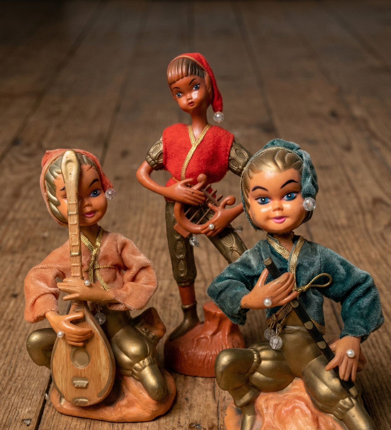 Vintage 1950s Pixie Figurines Set of 3 Mid Century Musical Pixie Elves Velvet Cl