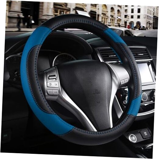Leather Car Steering Wheel Cover, Non-Slip Car Wheel Cover Protector Blue-2