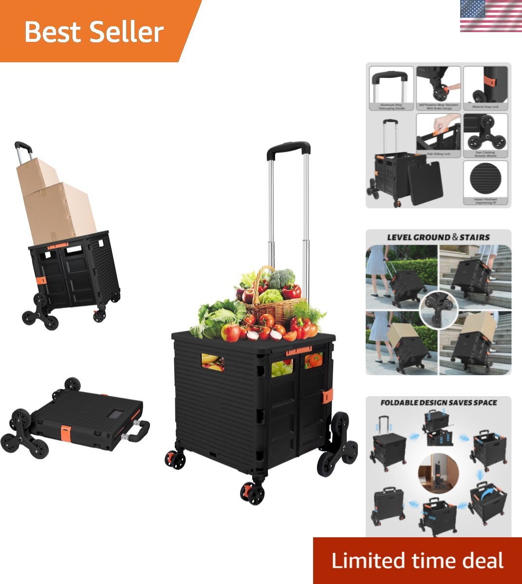 Portable Rolling Crate with Telescoping Handle & 360° Swivel Wheels, Black