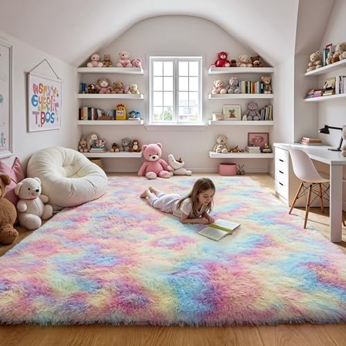 Fluffy 8x10 Large Area Rugs for Girls Bedroom Living Room, Rainbow Soft 
