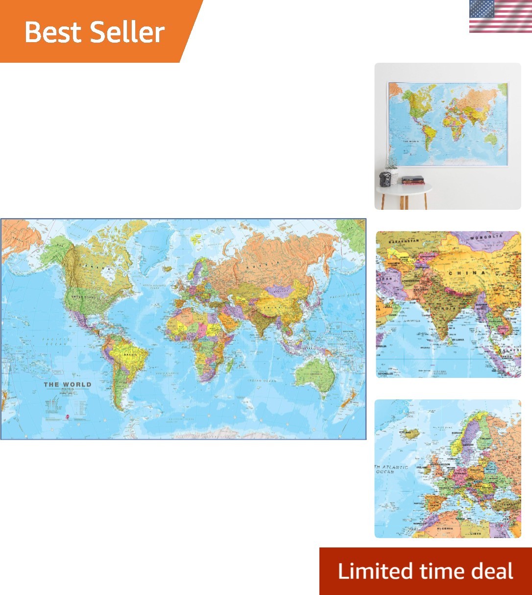 World Wall Map - Map of The World Poster - Front Lamination - 47 x 33 - Updat...