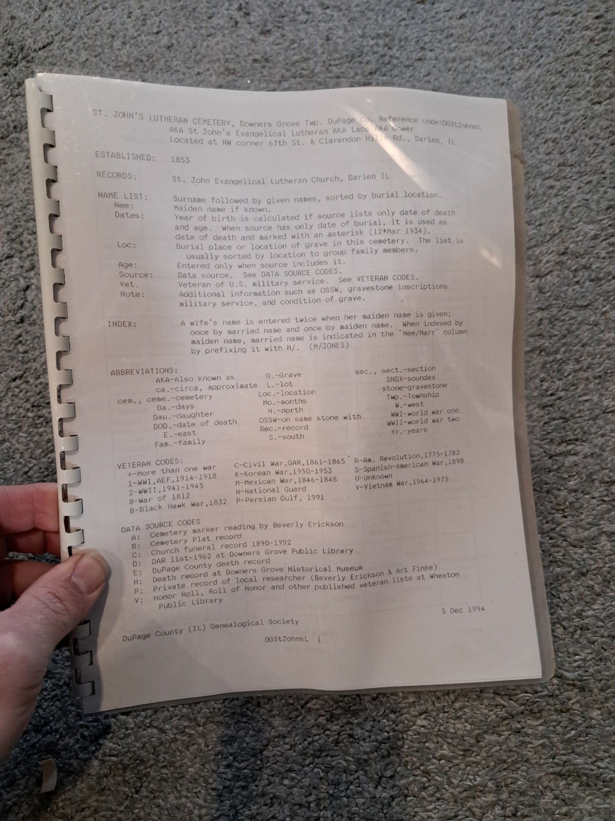 Cemetery Records St. John Evangelical Lutheran Church Darien Illinois