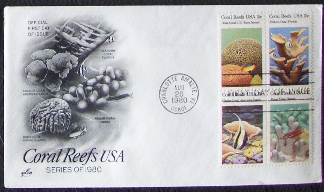 US FDC 15¢ SC #1827-30 CORAL REEFS USA 1980 Art Craft.