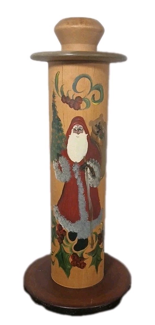 Vintage Hand Painted Wooden Santa Spool Rustic Christmas Decor Tole Folk Art 